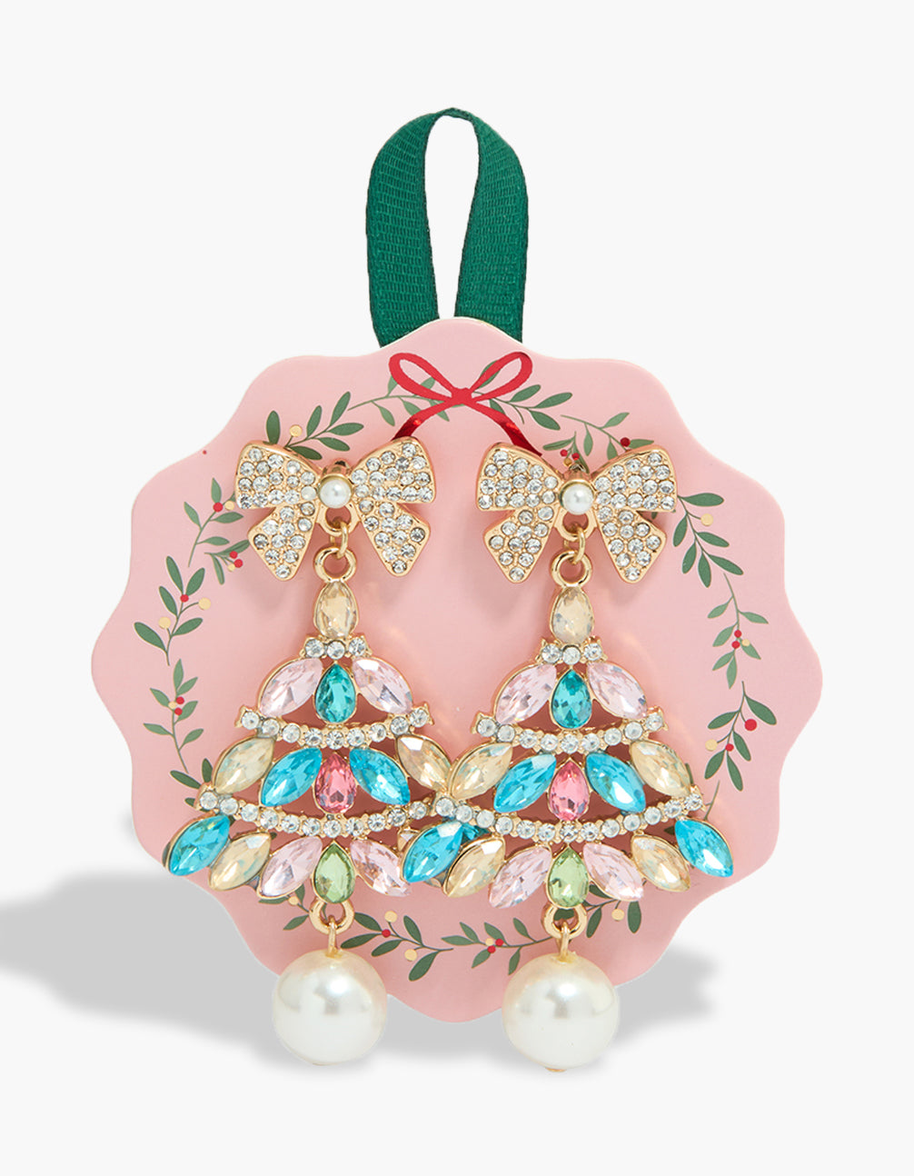 Beautifully designed gold diamante Xmas tree earrings featuring bow accents, pearl drops in aqua, light pink, and white front view