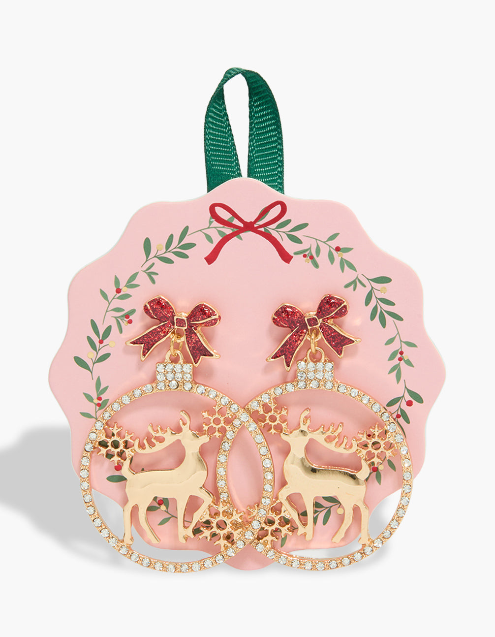Stunning statement earrings featuring reindeer with bow and glitter accents in gold, crimson and dark red tones front view