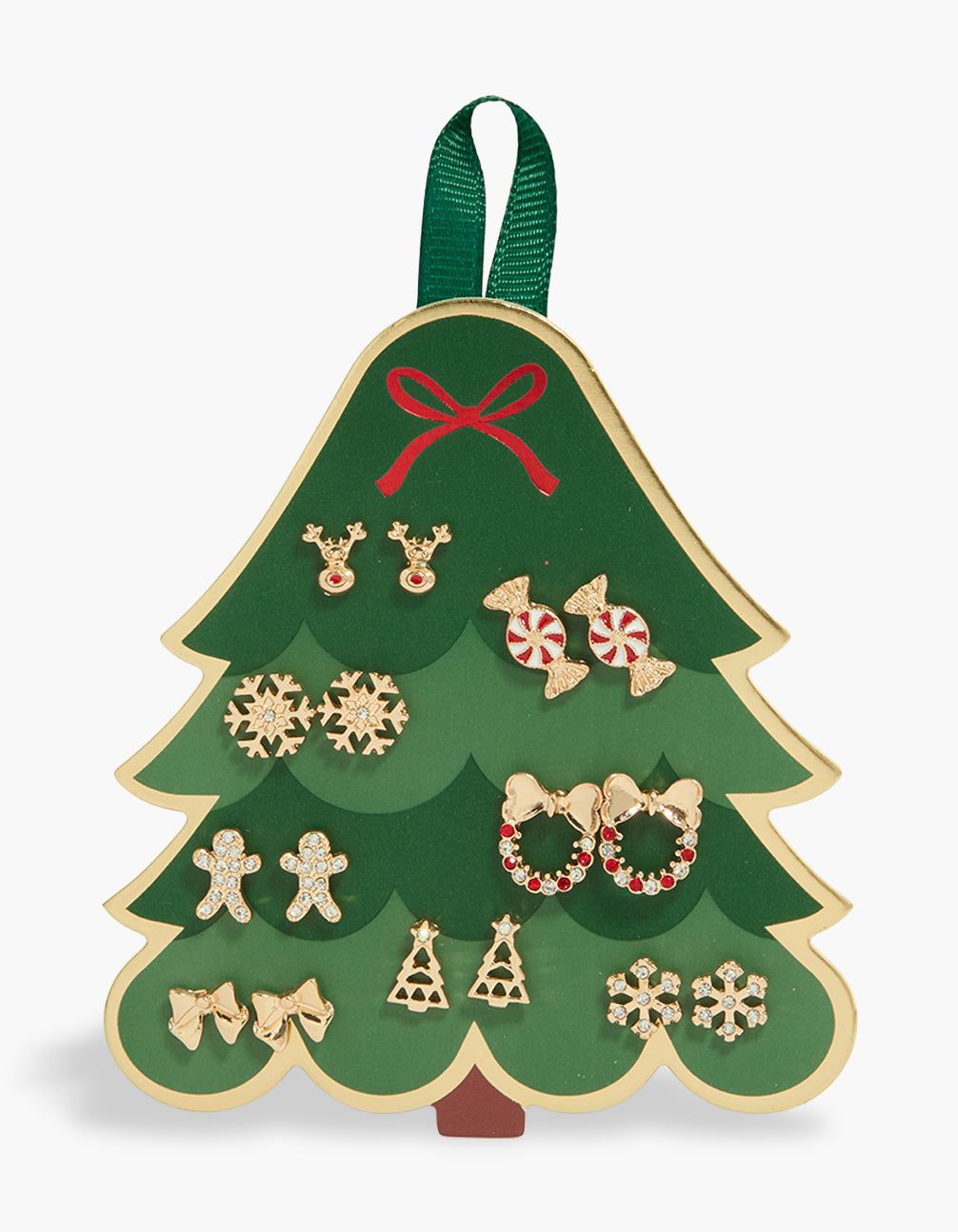 Beautifully designed gold striped lolly and wreath earrings 8-pack featuring animal, tree, bow, food, and snowflake with stud closure in red, white, and clear tone front view
