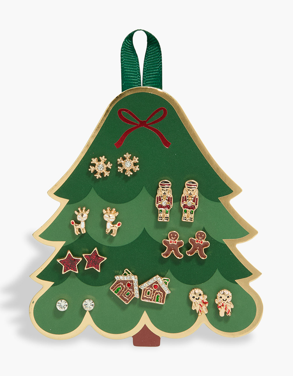 Showcasing a gold star and nutcracker earrings 8-pack featuring animal, bow, celestial, snowflake, glitter accents, food-themed designs in crimson and dark green tones with stud closure front view