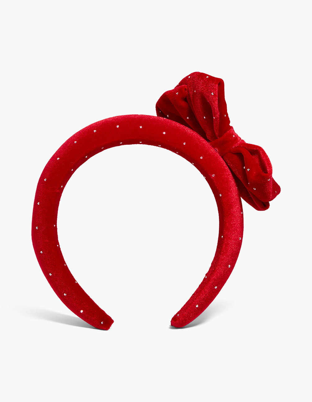 Showcasing a red diamante bow headband with silver embellishments front view