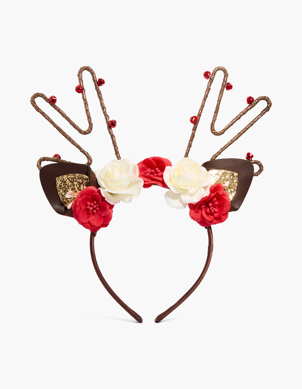 Discover this flower reindeer animal headband featuring with bell accents and floral embellishments in brown ivory red gold glitter front view