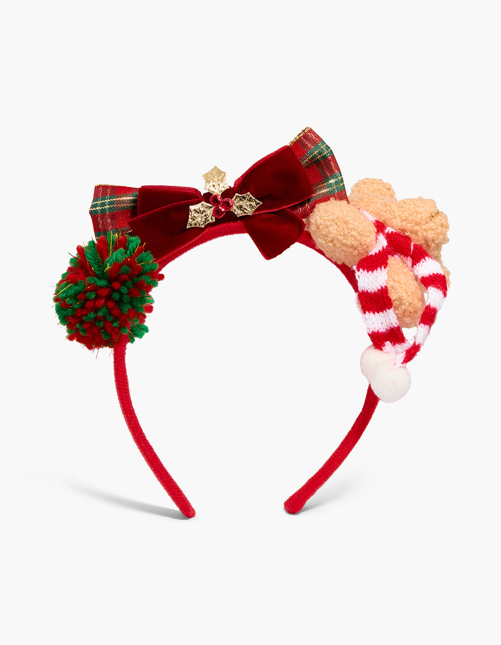 Showcasing a bear and festive bow headband, decorative balls, checkered print in red, white, green, gold, and chunky styling front view