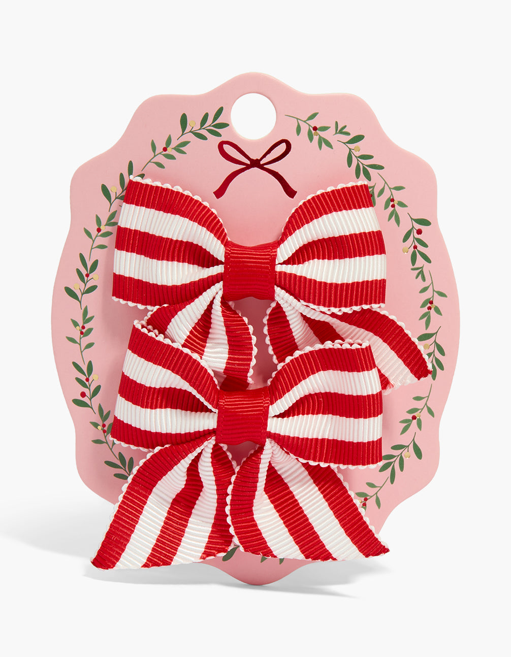 Charming red and white striped fabric mini bows in a 2-pack with chunky styling, front view