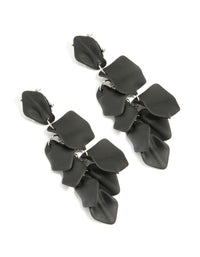 Discover statement black coated metal petal drop earrings front view - link has visual effect only