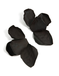 Showcasing statement drop earrings with floral half petal design in black coated metal front view - link has visual effect only