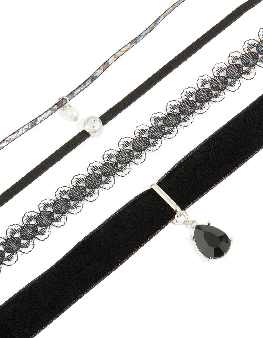 Showcasing a black lace and teardrop choker necklaces 4-pack with pearl accents in silver and clear close up view