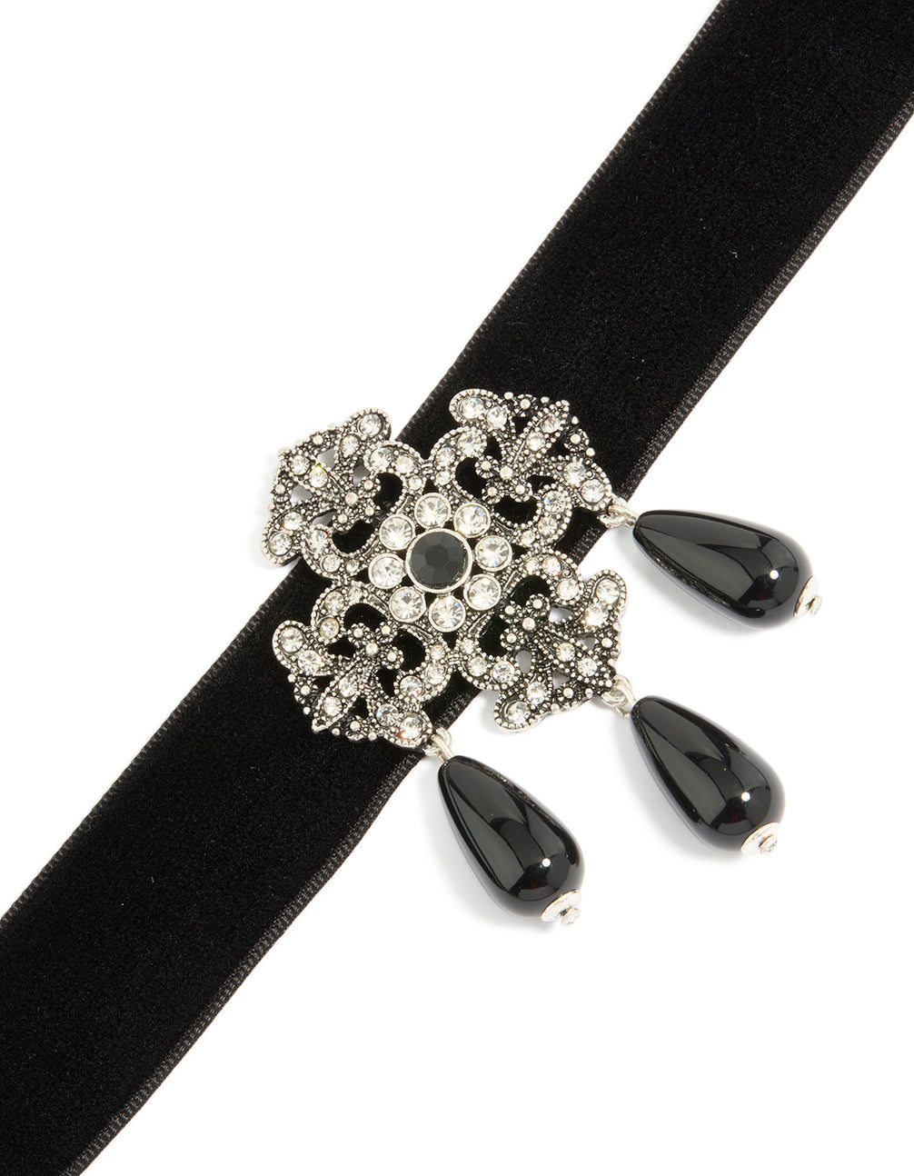Featuring a diamante art deco design with charm beads in statement style choker necklace close up view