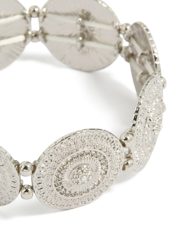 Beautifully crafted silver diamante detailed discs stretch bracelet close up view