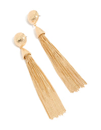 Showcasing statement drop earrings featuring tassel design in gold front view - link has visual effect only