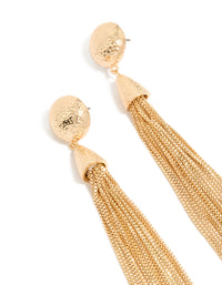 Stunning dome tassel earrings with textured finish and chain details close up view - link has visual effect only