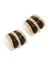 Showcasing gold black double lined stud earrings with closure in front view - link has visual effect only