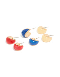 Showcasing hoop closure acrylic bubble earrings in a 3-pack with gold, red, and royal blue colors front view - link has visual effect only