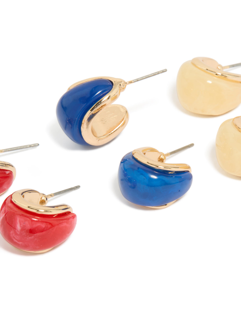 Designed with acrylic bubble hoop earrings in gold, red, and blue, 3-pack close up view