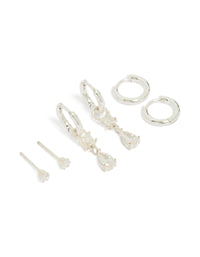 Presenting a stainless steel cubic zirconia mixed drop hoop earrings 3-pack featuring crystal waterproof material with stud closure in silver and clear front view - link has visual effect only