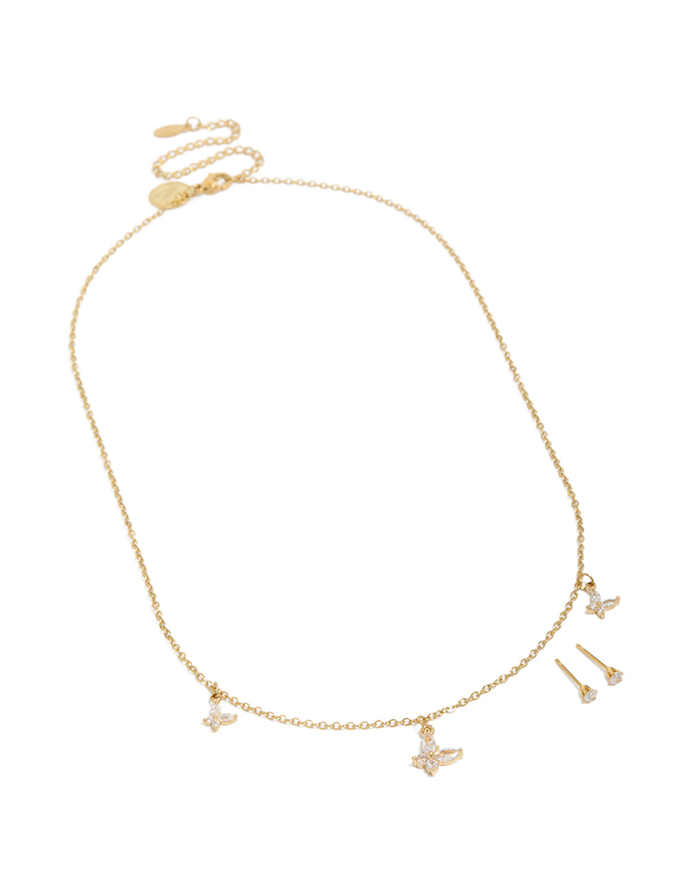 Waterproof Gold Plated Stainless Steel Cubic Zirconia Butterfly Necklace & Earrings Set