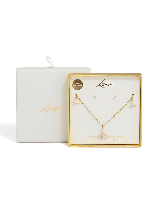 Waterproof Gold Plated Stainless Steel Cubic Zirconia Butterfly Necklace & Earrings Set