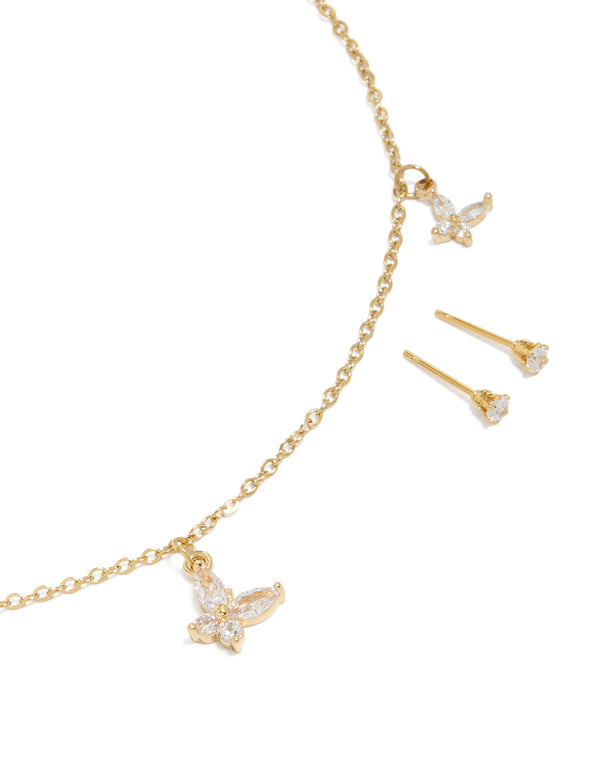 Waterproof Gold Plated Stainless Steel Cubic Zirconia Butterfly Necklace & Earrings Set