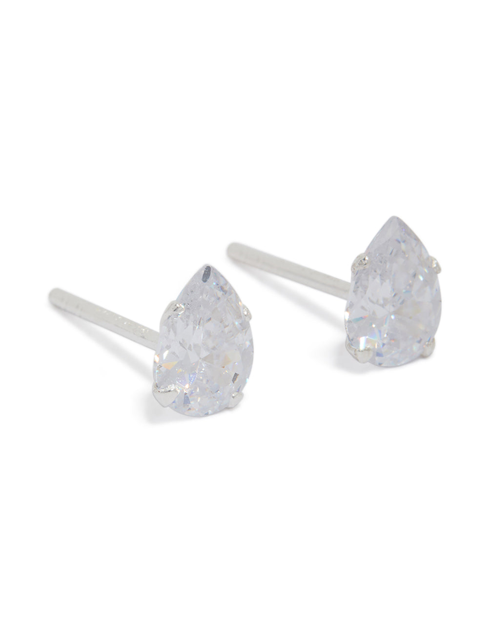 Showcasing sterling silver cubic zirconia pear stud earrings in silver front view