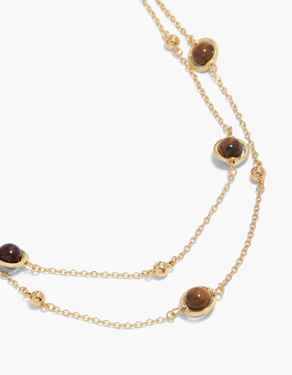 Elegantly designed gold plated brown beaded stones layered necklace featuring balls close up view