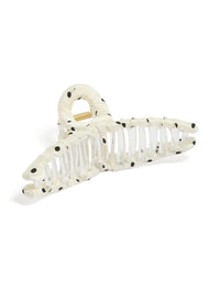 Featuring a polka dot fabric loop claw clip in ivory, black, and gold front view - link has visual effect only