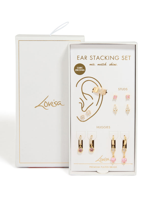 Discover gold plated pink cubic zirconia bezel drop earrings gift set, shown in packaging close up view