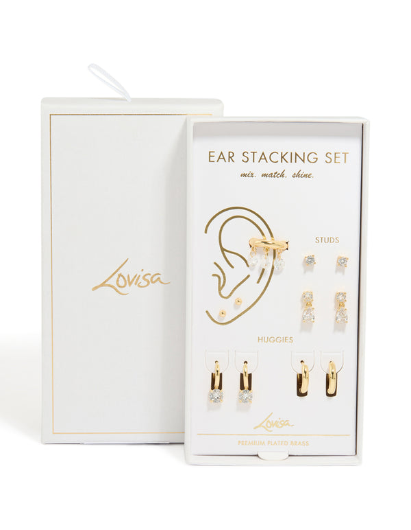 Showcasing chunky gold plated cubic zirconia classic earrings gift set displayed in packaging close up view