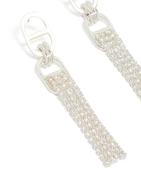 Highlighting silver diamante round attached tassel drop earrings with intricate stone setting close up view - link has visual effect only