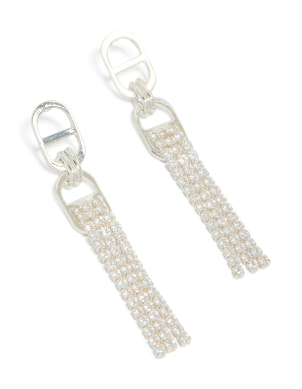 Showcasing silver diamante round attached tassel drop earrings with linked chain detail front view