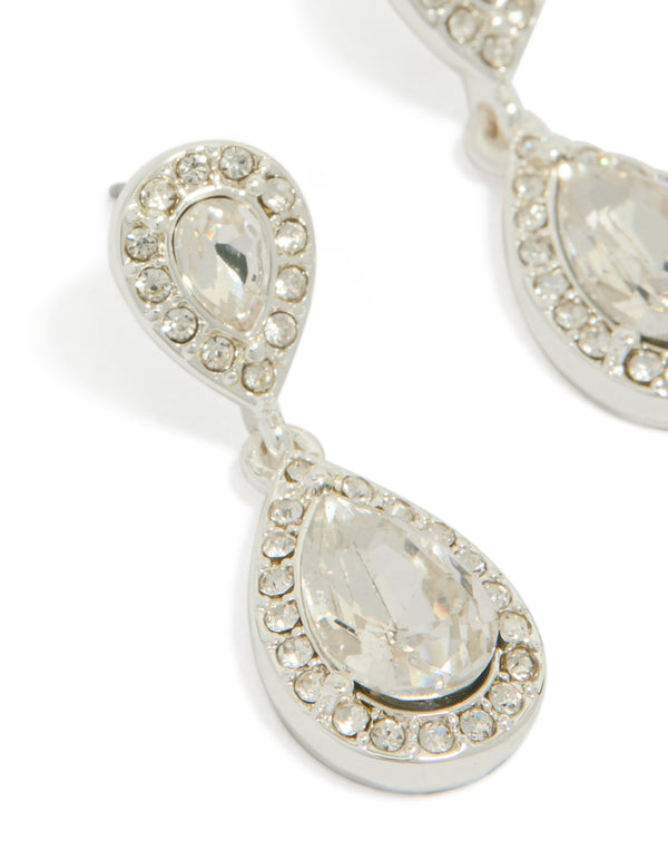 Silver Double Oval Diamante Drop Earrings