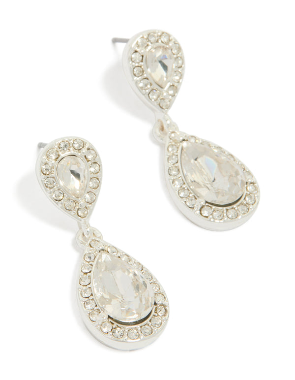 Silver Double Oval Diamante Drop Earrings