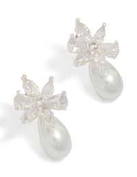 Silver Plated Cubic Zirconia Flower Pearl Stud Earrings - link has visual effect only
