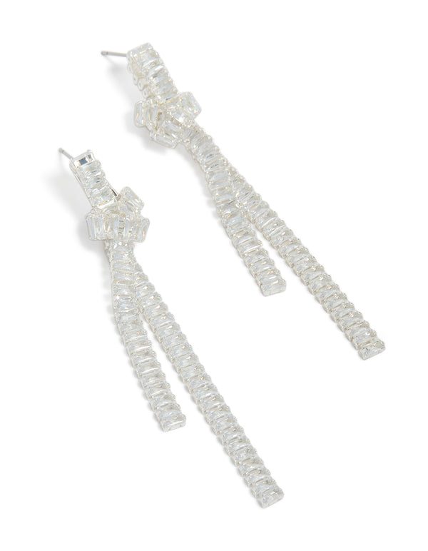 Beautifully crafted silver plated cubic zirconia baguette knot drop earrings in clear front view