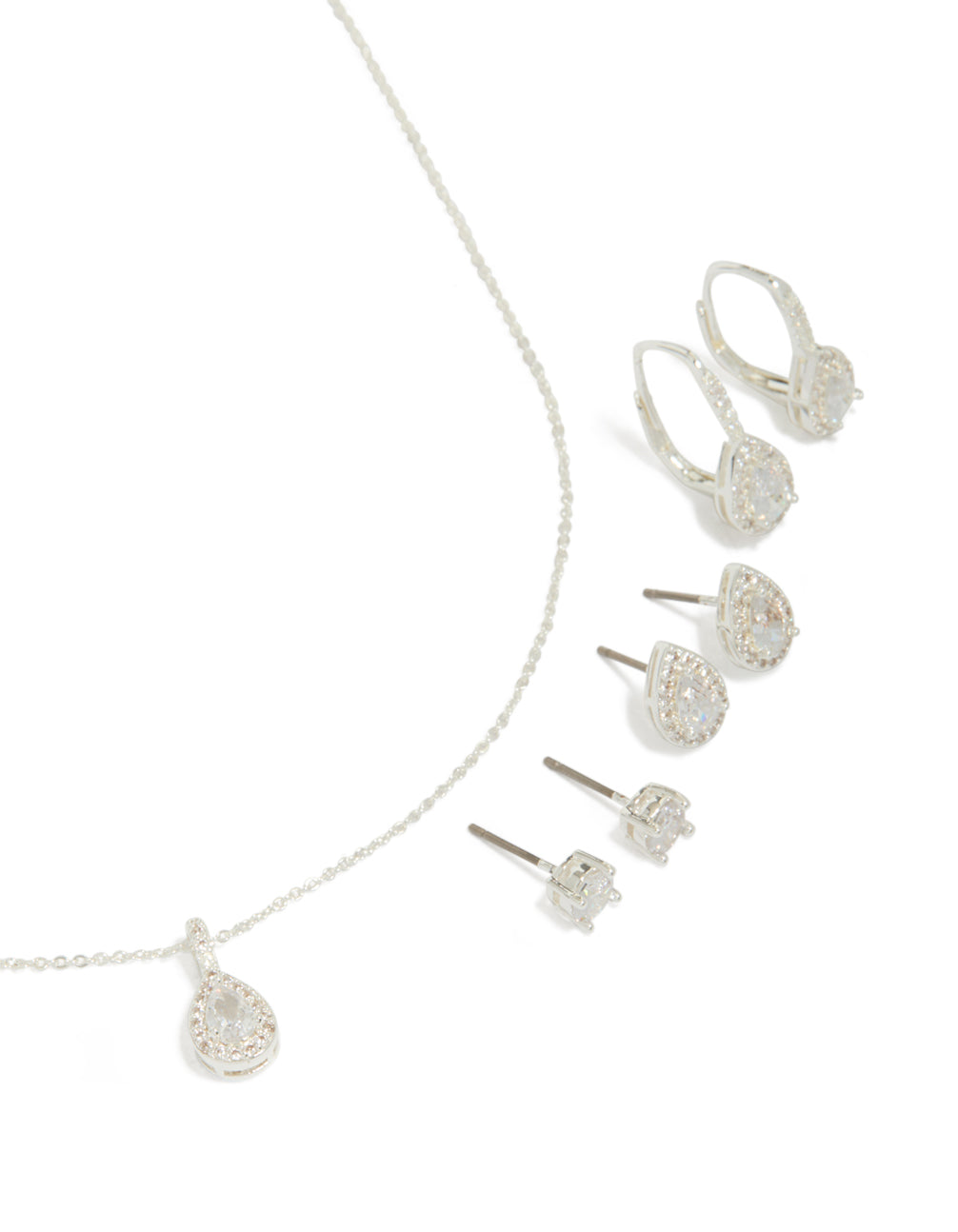 Silver Plated Cubic Zirconia Stud Earrings & Necklace Set