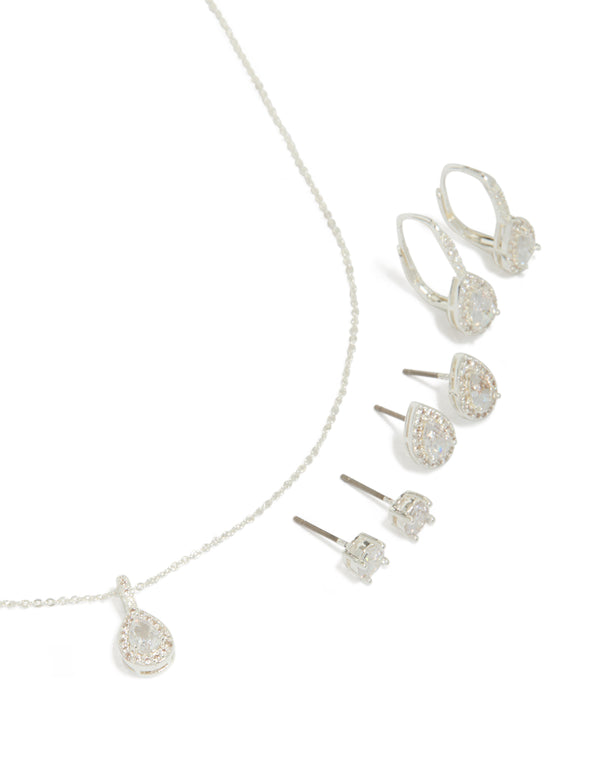 Silver Plated Cubic Zirconia Stud Earrings & Necklace Set