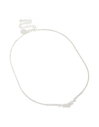 Featuring silver plated cubic zirconia with dainty floral design, this cupchain necklace in front view - link has visual effect only