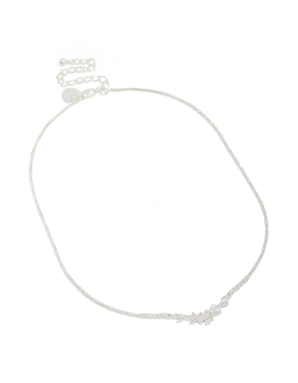 Featuring silver plated cubic zirconia with dainty floral design, this cupchain necklace in front view