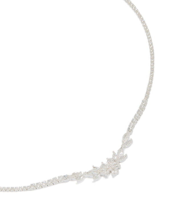 Crafted from silver plated metal, this cubic zirconia dainty floral cupchain necklace in a close up view