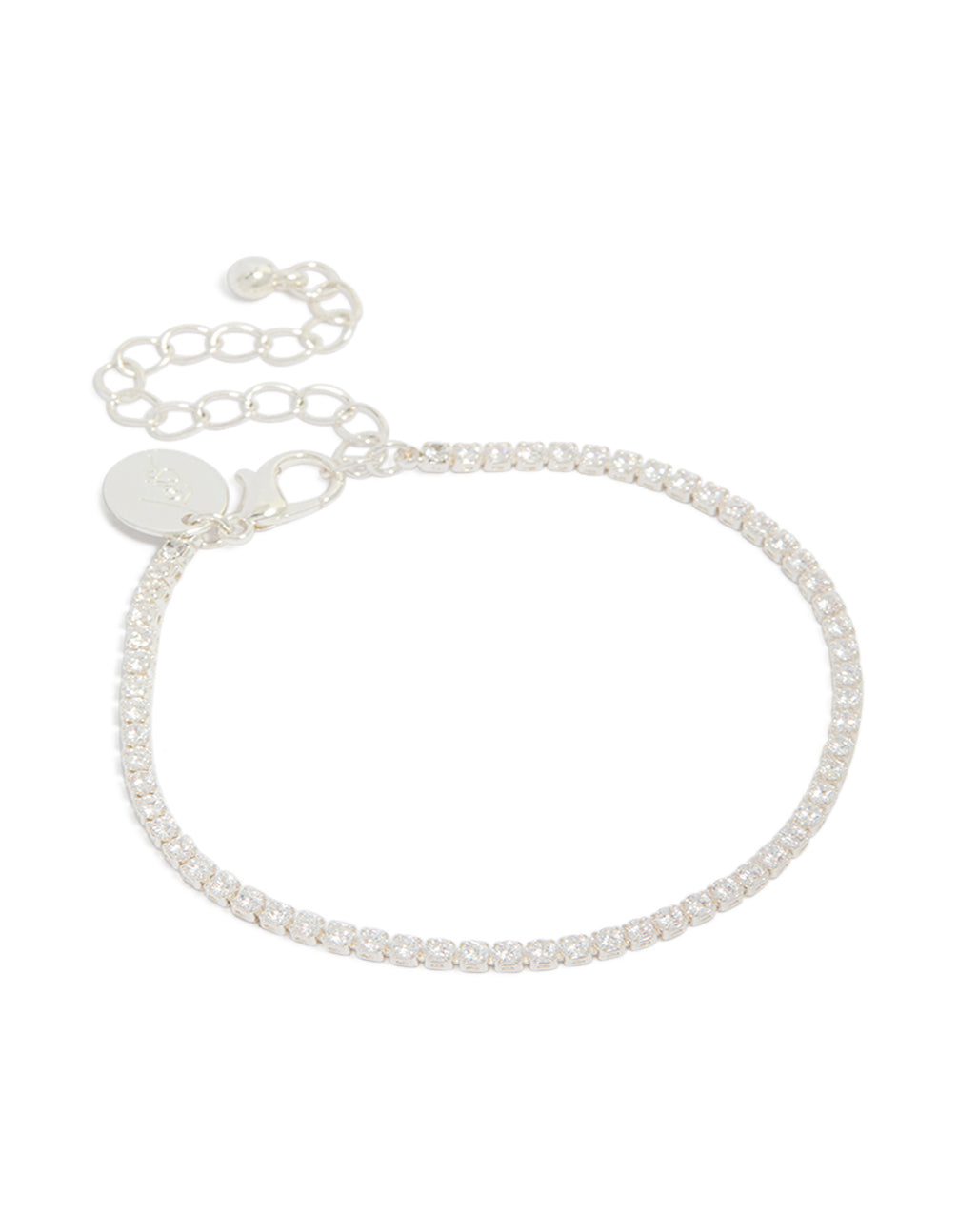 Showcasing a silver plated cubic zirconia round tennis bracelet a clear finish front view