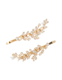 Showcasing leaf vine detailed clips crafted from cubic zirconia in gold front view - link has visual effect only