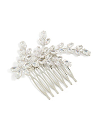 Featuring a diamante flower and leaf comb in silver front view - link has visual effect only