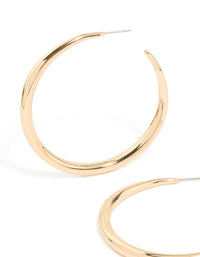 Featuring gold thin plain hoop earrings with closure in close up view - link has visual effect only