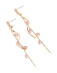 Elegant gold pink diamante swirl vine drop earrings front view - link has visual effect only