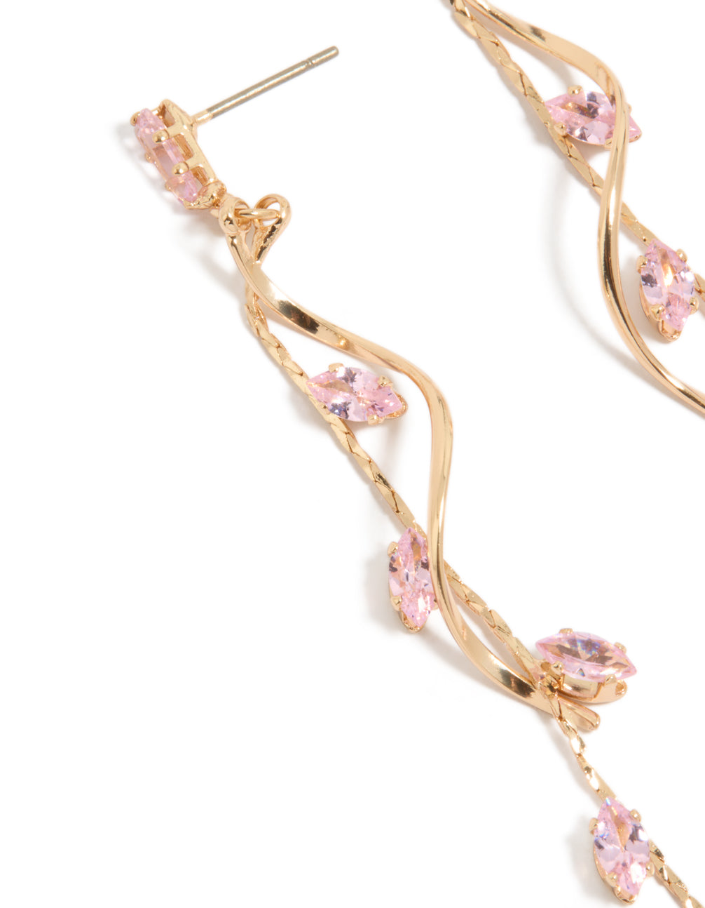 Showcasing gold pink diamante swirl vine drop earrings close up view
