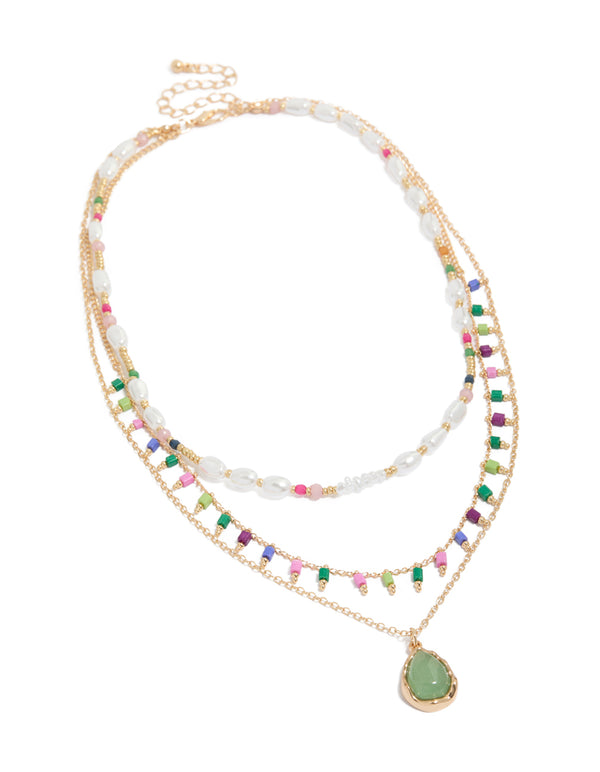 Elevate your style with a gold bead and pearl layered pendant necklace featuring charm in statement design front view