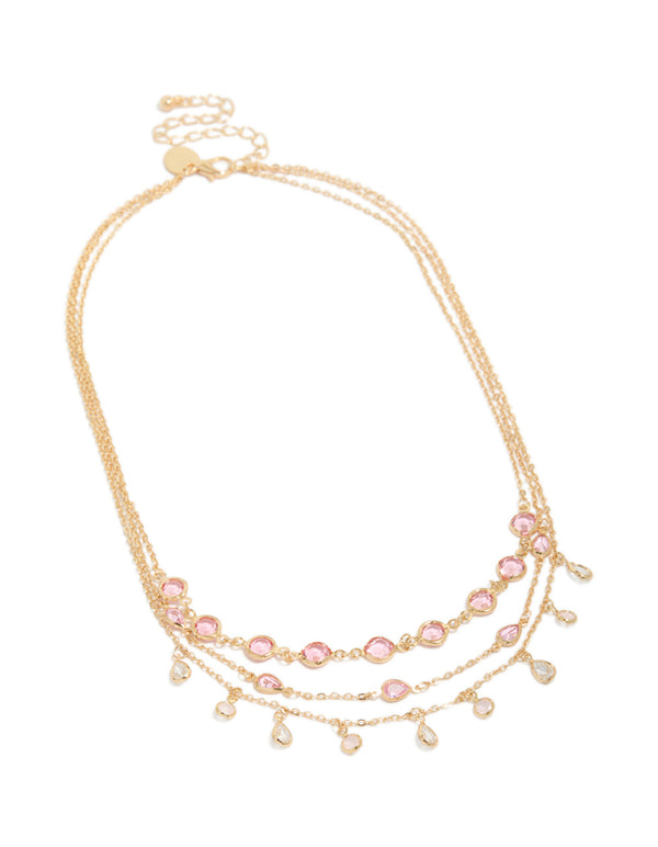 Gold Pink Diamantes Triple Layered Necklace