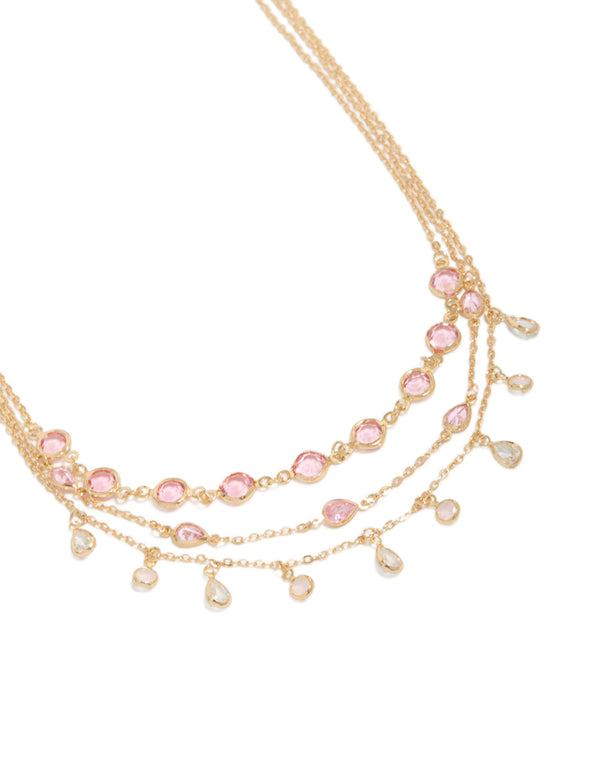 Gold Pink Diamantes Triple Layered Necklace