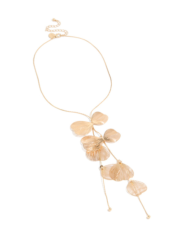 Crafted from gold with laser cut petals, this Y-necklace with statement style front view