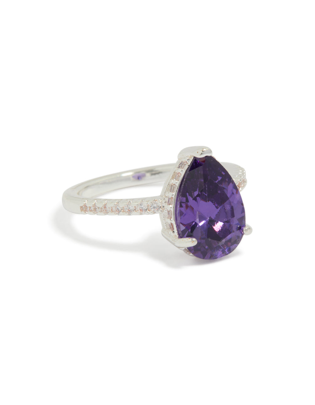 Elegant textured ring with pear cut cubic zirconia in purple, crafted from silver plated crystal front view
