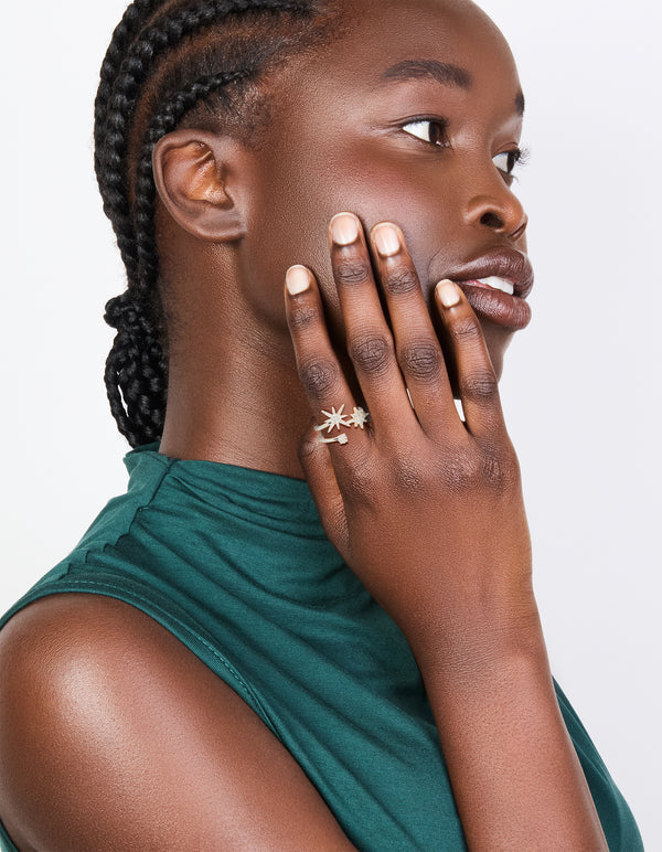 Featuring a celestial stone ring crafted from silver plated material with cubic zirconia on finger view